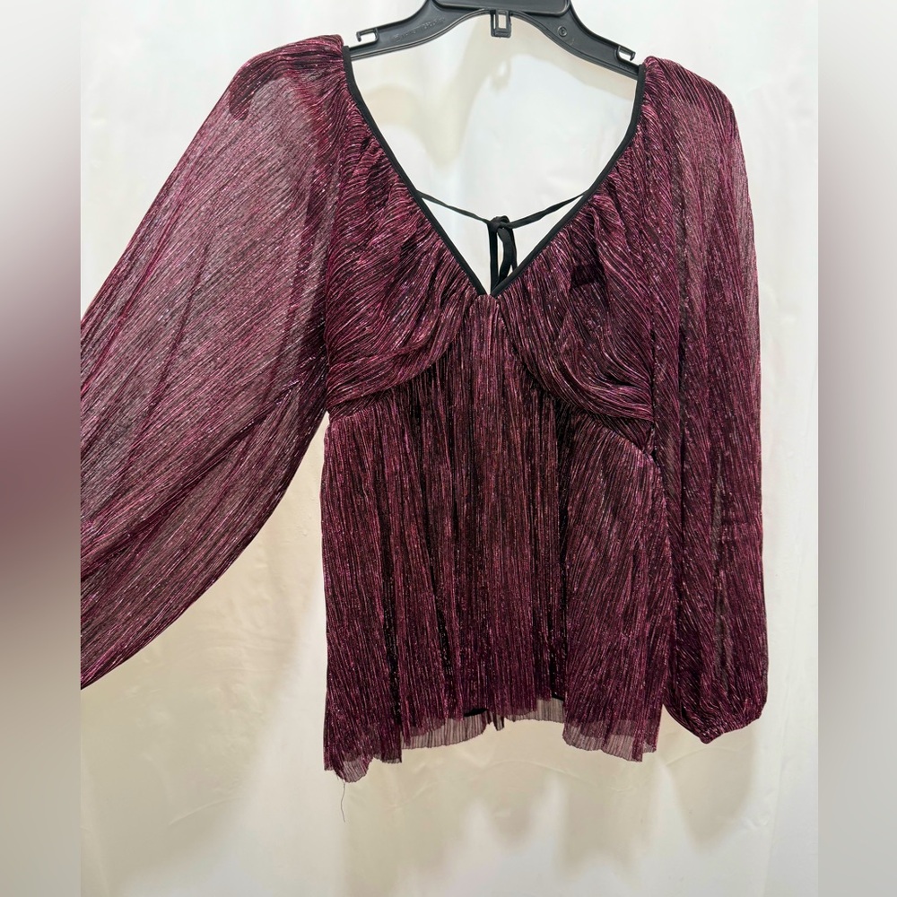 Express iridescent hot pink balloon sleeve shimmering deep v neck peplum top XS